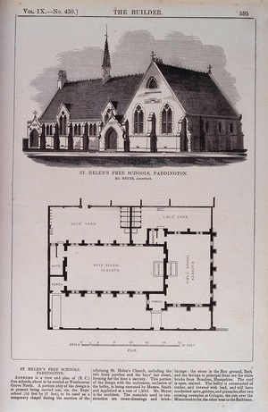 view St Helen's Free School, Paddington, London: the elevation, above, and the plan, below, with a scale. Wood engraving, 1851, after T. Meyer.