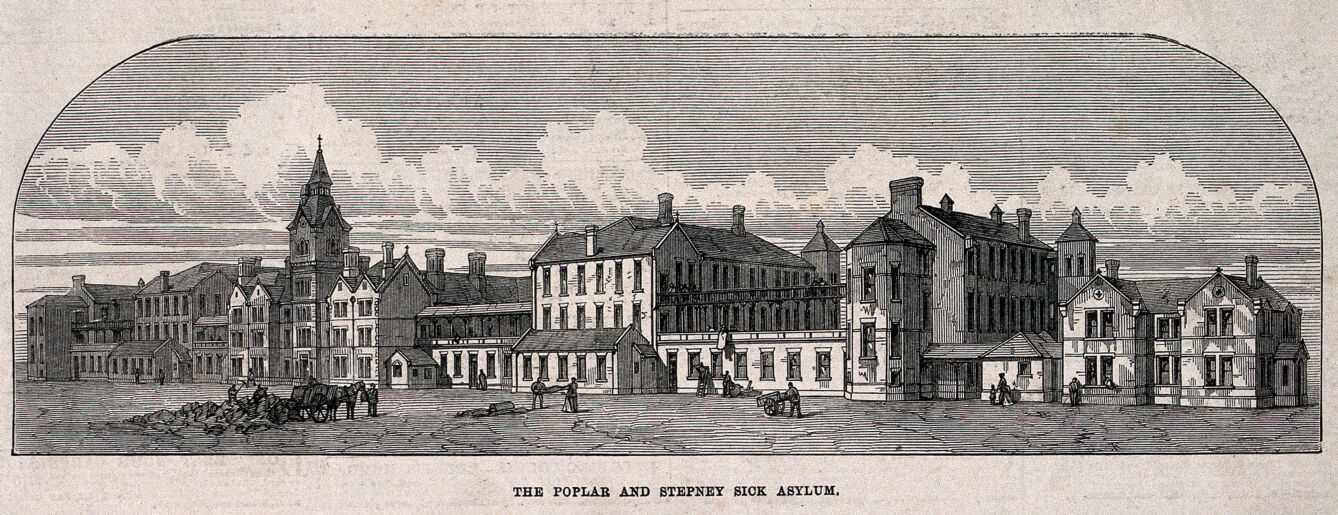 The Poplar and Stepney Sick Asylum, Bromley-by-Bow: the street facade. Wood engraving, (c.1870?).