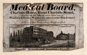 view The Medical Board building, Great Charlotte Street, Southwark, London. Woodcut with text.