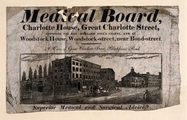The Medical Board building, Great Charlotte Street, Southwark, London. Woodcut with text.