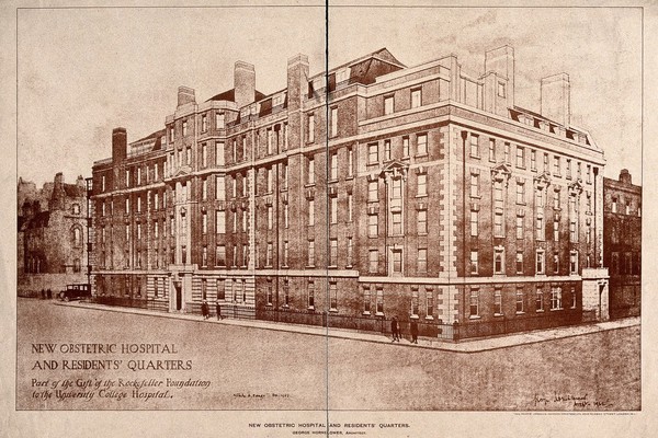 University College Hospital, London: the Maternity Hospital and Nurses' home, Huntley Street (subesequently the Rockefeller Building). Photo-lithograph, 1923, after C. A. Farey, 1922.