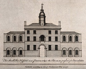 view The Smallpox Hospital, St Pancras, London. Engraving, 1771.