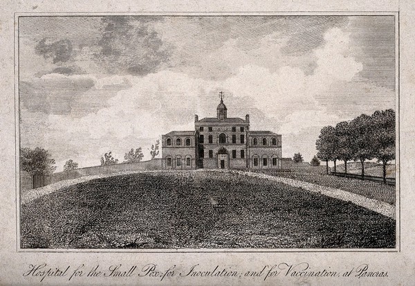 The Smallpox Hospital, St Pancras, London: with a wide expanse of grass in the foreground. Engraving.