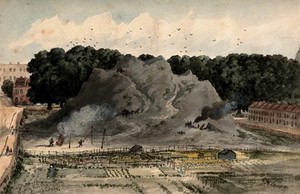 view King's Cross, London: the Great Dust-Heap, next to Battle Bridge and the Smallpox Hospital. Watercolour painting by E. H. Dixon, 1837.