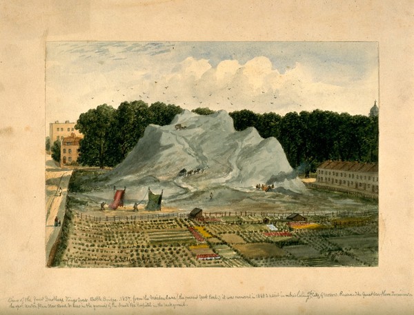 King's Cross, London: the Great Dust-Heap, next to Battle Bridge and the Smallpox Hospital. Watercolour painting by E. H. Dixon, 1837.