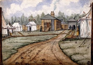 view St Pancras Smallpox Hospital, London: housed in a tented camp at Finchley. Watercolour by F. Collins, 1881.