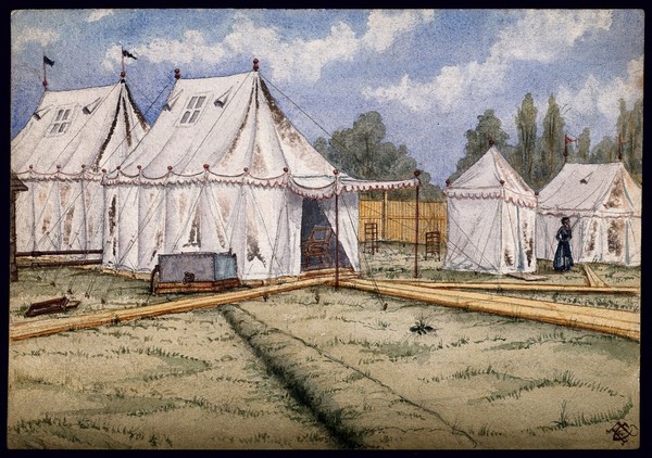 St Pancras Smallpox Hospital, London: housed in a tented camp at Finchley. Watercolour by F. Collins, 1881.