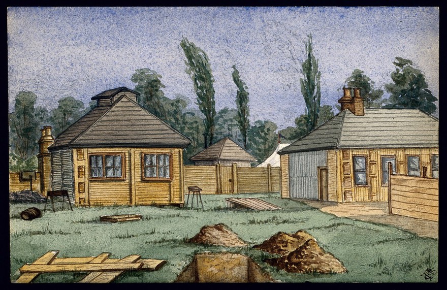 St Pancras Smallpox Hospital, London: housed in a tented camp at Finchley. Watercolour by F. Collins, 1881.