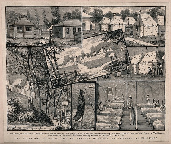 The Smallpox Hospital, St Pancras, London: several views of the encampment at Finchley, 1882. Wood engraving by J.H. after watercolours by F. Collins, 1882.