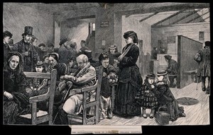 view University College Hospital, London: the outpatients' waiting room and dispensary. Wood engraving, 1872.