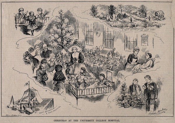 University College Hospital, Bloomsbury, London: Christmas scenes. Process print by J. Swain after H. Morehen.