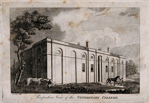 view The Veterinary College, Royal College Street, London: the facade. Engraving by Cook, c.1800, after J. C. Barrow.