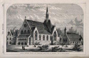 view Church and School at Agar Town, London: elevation. Wood engraving by W. E. Hodgkin, 1858, after B. Sly.