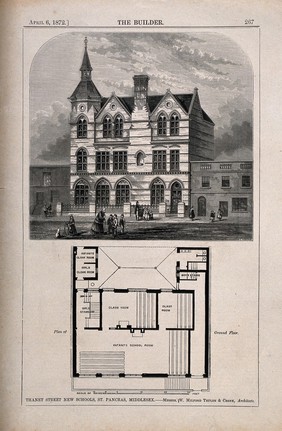 School at Thanet Street, King's Cross, London: above, an elevation, below, the plan. Wood engraving by W. E. Hodgkin, 1872, after B. Sly.