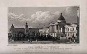 view University College, London: the main building in Gower Street. Engraving by W. Wallis after T. H. Shepherd, 1828.