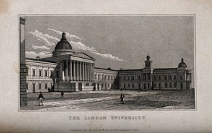 view University College, London: the main building. Engraving, 1828.