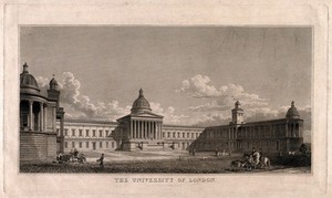 view University College, London: the main building in Gower Street. Engraving by T. Higham after W. Wilkins.