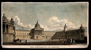 view University College, London: the main building. Coloured engraving by T. Higham after W. Wilkins.