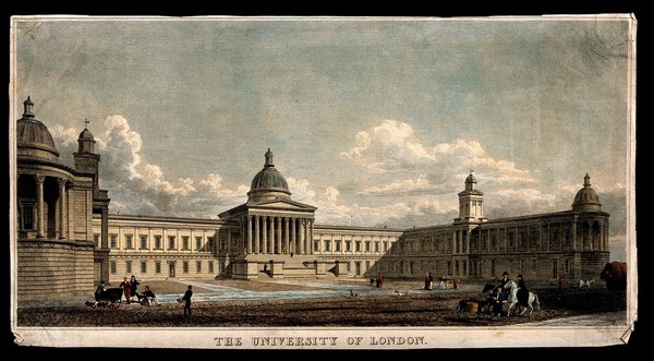 University College, London: the main building. Coloured engraving by T. Higham after W. Wilkins.