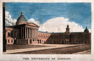 view University College, London: the main building. Coloured engraving.