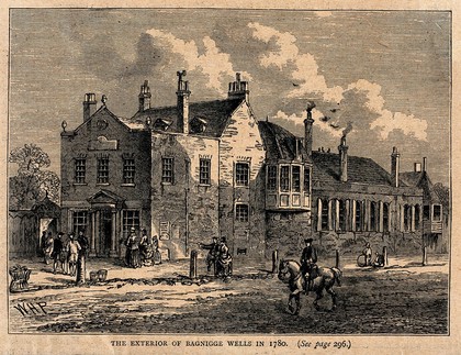 Bagnigge Wells: the exterior, after a print made in 1780. Wood engraving by [W.H.P.].