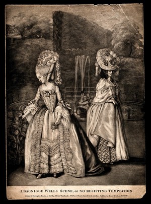 view Bagnigge Wells, London: two alluring, fashionably-dressed women, one plucking rosebuds. Mezzotint, 1780.