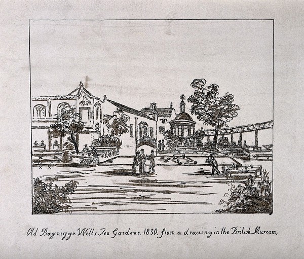 Bagnigge Wells: the gardens, with people taking tea, playing bowls, etc. Coloured process print after a drawing made in 1830.