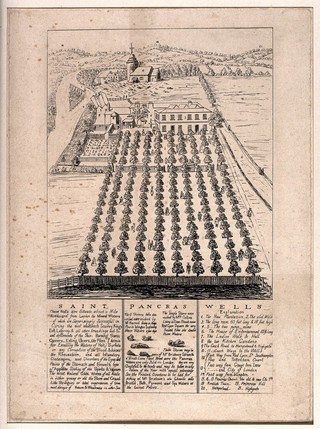 St Pancras Wells, King's Cross, London: aerial view showing the "Plantation", and St Pancras church in the background, with an advertisement and explanation. Engraving.