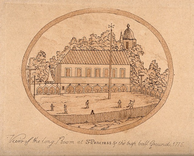 St Pancras Wells, King's Cross, London: aerial view showing the "trap ball" ground, with men playing, St Pancras Church in the background. Etching.