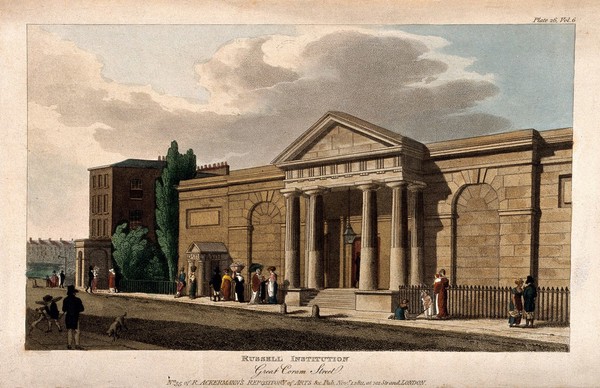 Russell Institution, Great Coram Street, London: the facade, with passers-by. Coloured aquatint, 1811.