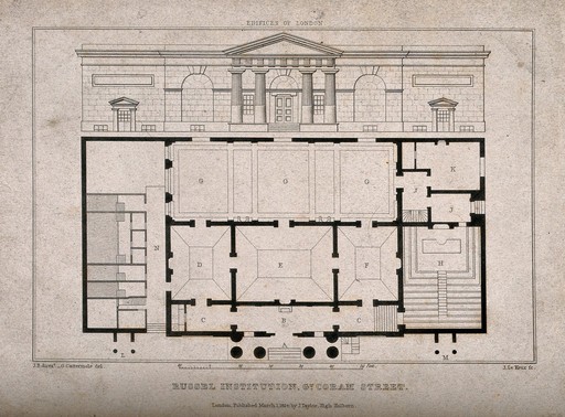 Russell Institution, Great Coram Street, London: the facade, above, floor plan, below, with a scale of feet. Engraving by J. Le Keux after G. Cattermole, 1824.