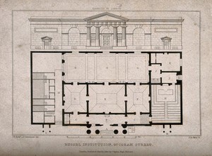 view Russell Institution, Great Coram Street, London: the facade, above, floor plan, below, with a scale of feet. Engraving by J. Le Keux after G. Cattermole, 1824.