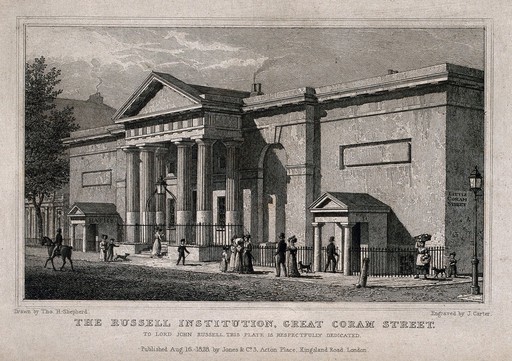 Russell Institution, Great Coram Street, London: the facade, with passers-by. Engraving by J. Carter after T. H. Shepherd 1828.