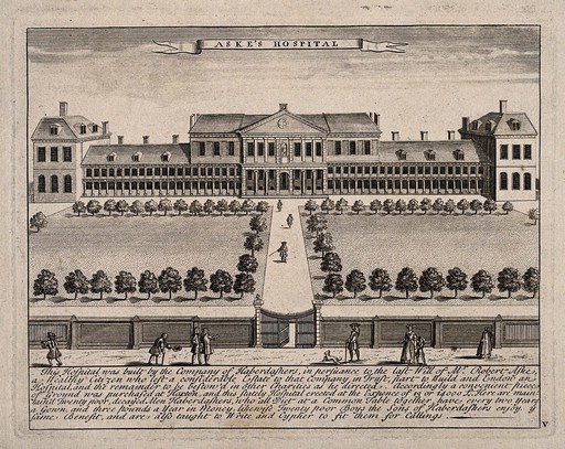 Aske's Hospital, Shoreditch, London: a bird's-eye view of the facade. Engraving.