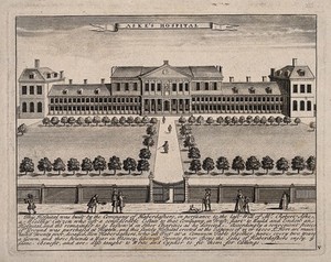 view Aske's Hospital, Shoreditch, London: the facade. Engraving.