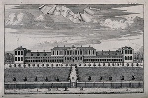 view Aske's Hospital, Shoreditch, London: the facade. Engraving, 1720.