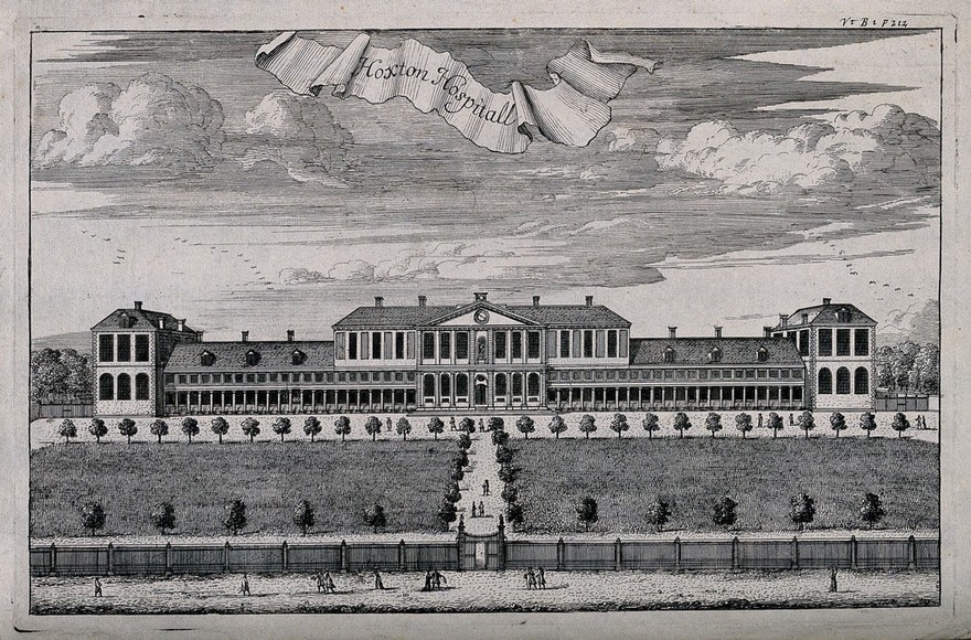 Aske's Hospital, Shoreditch, London: the facade. Engraving, 1720.