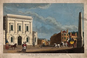 view The blind school, Southwark. Coloured engraving, 1813.