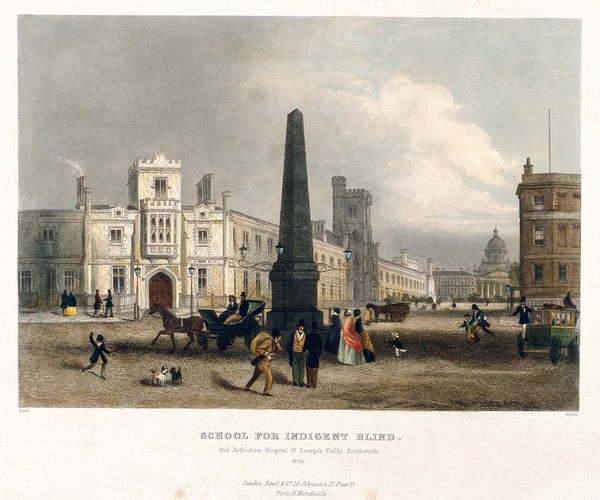 The blind school, and, in the distance, Bethlem Hospital, Southwark. Coloured engraving by T. Albutt after [W.?] Read.