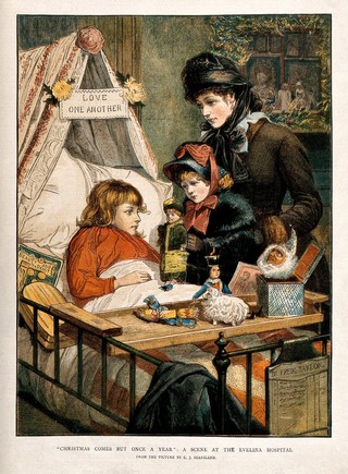 The Evelina Hospital, Southwark: a mother and daughter visiting a girl in hospital at Christmas. Coloured process print, 1882, after C. J. Staniland.