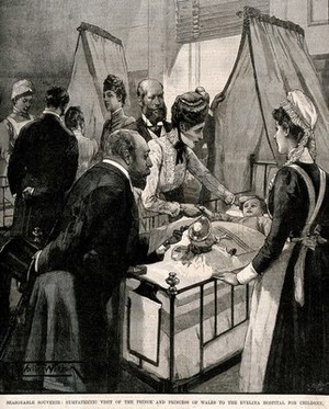 view The Evelina Hospital, Southwark: the Prince and Princess of Wales visiting a small child. Process print by R. Taylor, 1891, after T. Walter Wilson.