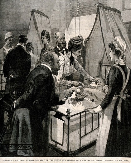 The Evelina Hospital, Southwark: the Prince and Princess of Wales visiting a small child. Process print by R. Taylor, 1891, after T. Walter Wilson.