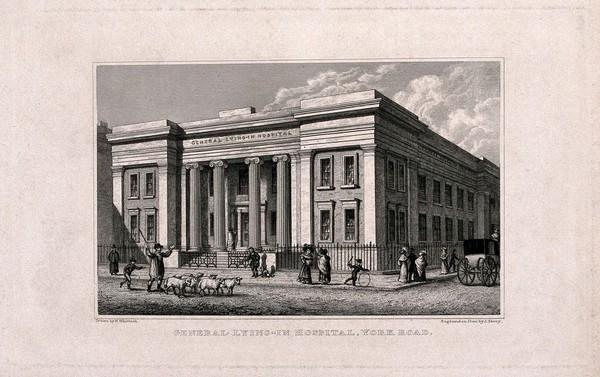 The General Lying-in Hospital, York Road, Lambeth. Engraving by J. Shury, 1830, after N. Whittock.