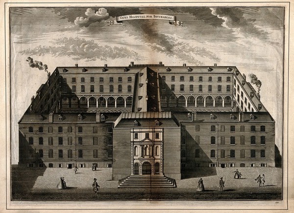 Guy's Hospital, Southwark: an aerial view. Engraving by T. Bowles, c.1725.