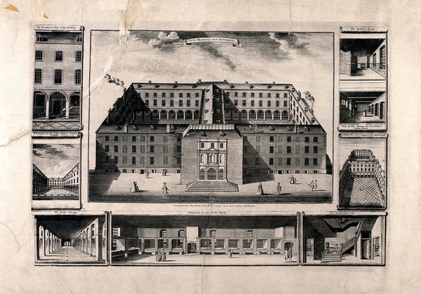 Guy's Hospital, Southwark: an aerial view, with smaller scenes around three sides. Facsimile, n.d., after T. Bowles, c.1724.