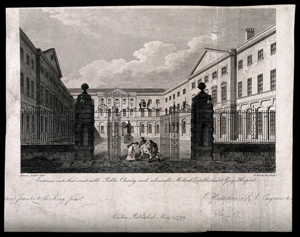 Guy's Hospital, Southwark: the entrance courtyard, with a patient being carried in on a stretcher. Engraving by W. Woolnoth, 1799, after J. Elmes.