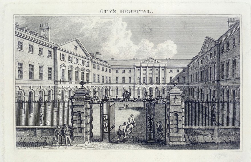 Guy's Hospital, Southwark: the entrance courtyard, with a patient being carried in on a stretcher. Engraving.