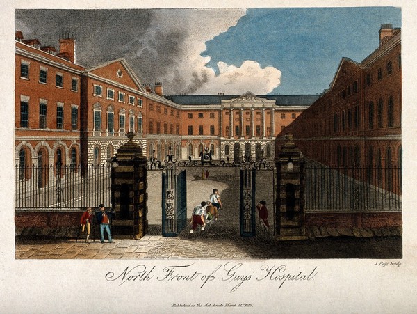 Guy's Hospital, Southwark: the entrance courtyard, with a patient being carried in on a stretcher. Coloured engraving by W. , 1799, after J.