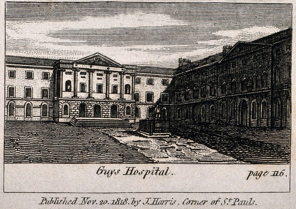 Guy's Hospital: the entrance courtyard, with a patient being carried in on a stretcher. Engraving.