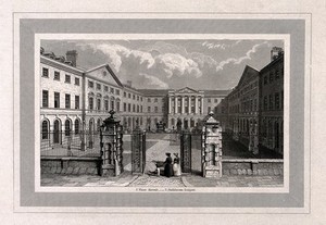 view Guy's Hospital: the entrance courtyard, with a patient being carried in on a stretcher. Engraving.